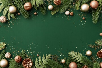 Festive green garland with pinecones and ornaments frames a blank space for holiday wishes