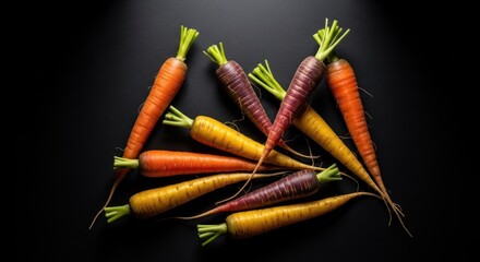 Assorted colorful carrots on dark background