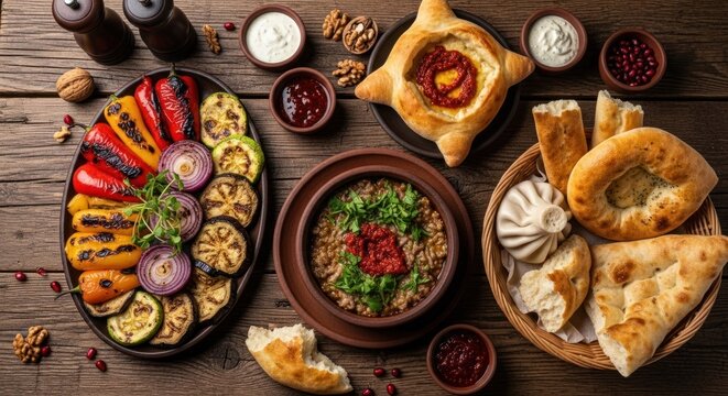 Assorted Central Asian dishes on a wooden table - Powered by Adobe