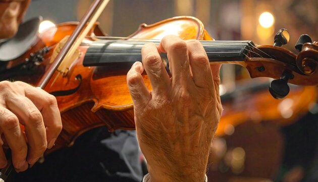 Musician's hands play a classic violin with a bow.