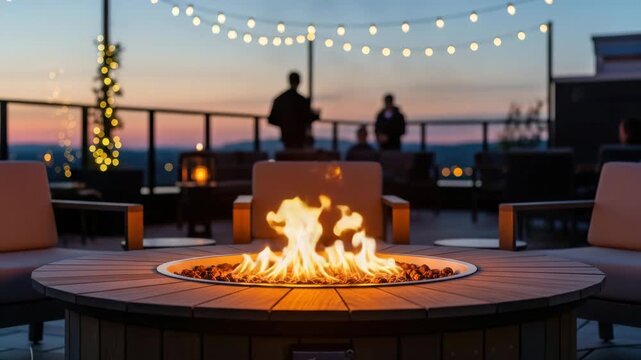 Rooftop Terrace Event: People Relaxing Around a Warm Gas Fire Pit with String Lights at Dusk, Luxury Lifestyle Gathering