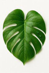 Fresh green Monstera tropical leaf with water drops isolated on white