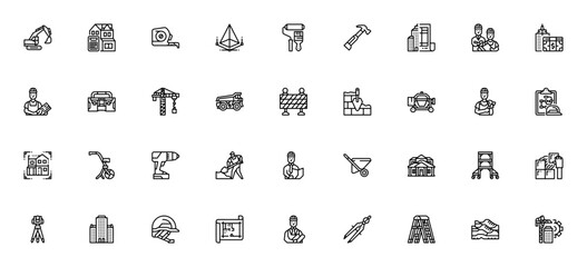 Construction icon set. Vector illustration. Buildingtools and equipment symbol. Includes excavator, cran, blueprint, worker, helme, tools, engineering, archtecture and more.