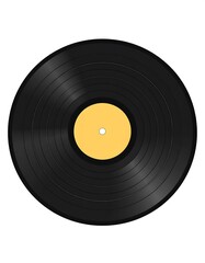 Obraz premium Black vinyl record with yellow center label on white background.