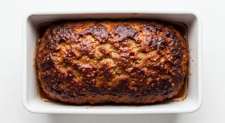 Overhead shot of classic meatloaf in white loaf pan.