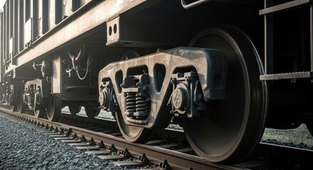 Fototapeta premium Close-up of train car wheels and undercarriage