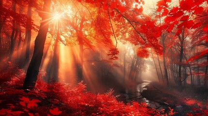 Fototapeta premium Path of Light Through the Crimson Forest