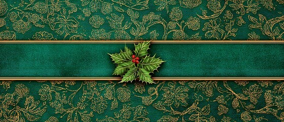 Emerald green background, gold ornamental Christmas patterns, holly leaves accent, vintage festive elegance, center ribbon area for greeting text