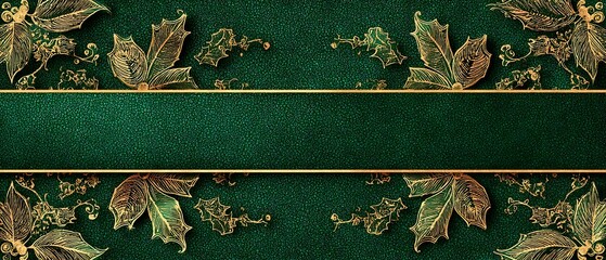 Emerald green background, gold ornamental Christmas patterns, holly leaves accent, vintage festive elegance, center ribbon area for greeting text