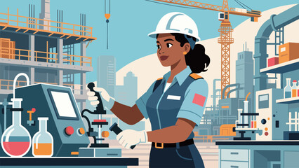 Female Engineer or Scientist Working in a Lab at a Construction Site