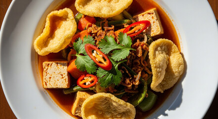 Sayur Tahu with Crispy Crackers: Traditional Indonesian Vegetable Soup with Tofu"