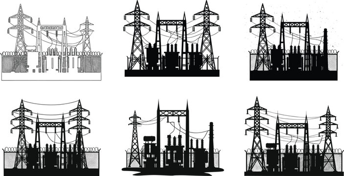 Electric power substation silhouette with high voltage towers, industrial energy grid infrastructure illustration, electrical distribution station vector design