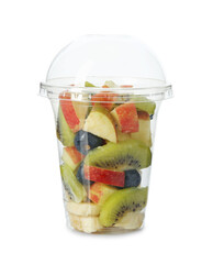 Tasty fruit salad in plastic cup isolated on white. Healthy snack