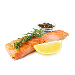 Piece of tasty grilled salmon, rosemary, peppercorns and lemon slice isolated on white