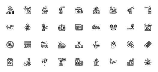 Cannabis icon set. Vector illustration. Includes symols for profit, cbd, marijana, laboratory, medical, ape, skincare, law, shippig and more. Editable strok.