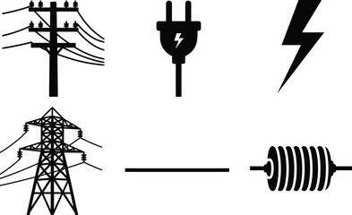Electric utility icon collection featuring power pole, plug symbol, lightning bolt, transmission tower, straight cable line, and electrical coil in bold black silhouette