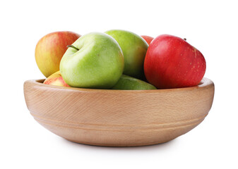 Red and green ripe apples in bowl isolated on white