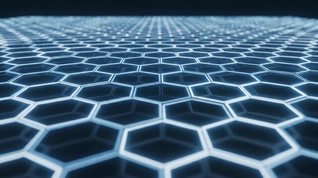 Abstract futuristic hexagonal pattern with glowing blue lines and shapes.