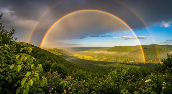 Double rainbow arches over a valley landscape - Powered by Adobe