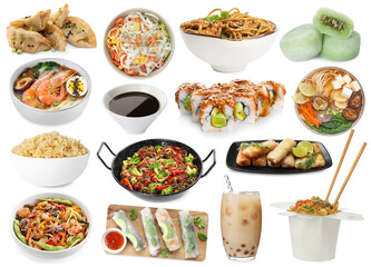 Asian food and drink isolated on white, collection