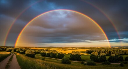 Naklejka premium Double rainbow over landscape