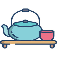 Light Blue Teapot and Pink Cup on Wooden Tray Flat Design Illustration with Transparent Background