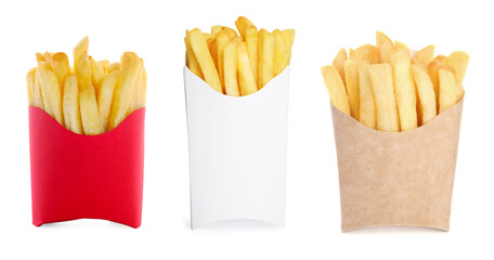 Tasty French fries in paper takeout containers isolated on white, set
