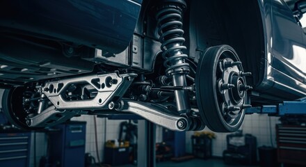 Fototapeta premium Elevated car suspension system in a repair shop