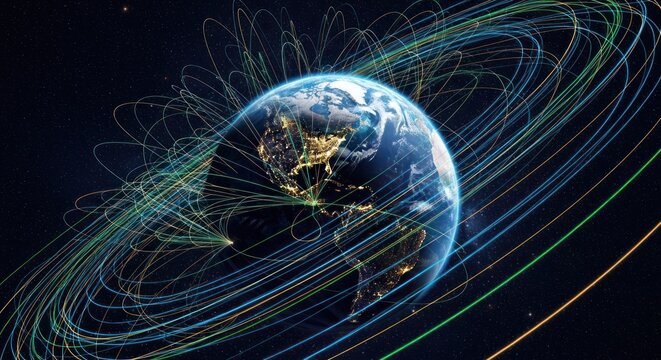 Earth with swirling, colorful, interconnected lines - Powered by Adobe