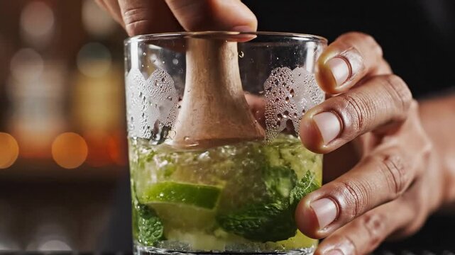 Bartender Muddling Mint Leaves and Ingredients for a Refreshing Cocktail.