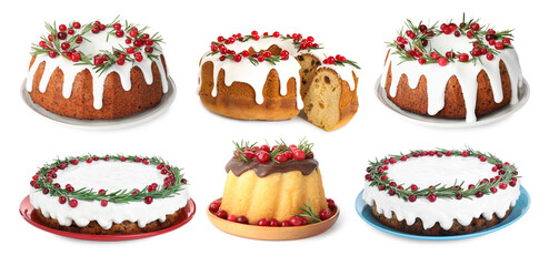 Christmas cakes decorated with cranberries and rosemary isolated on white, set