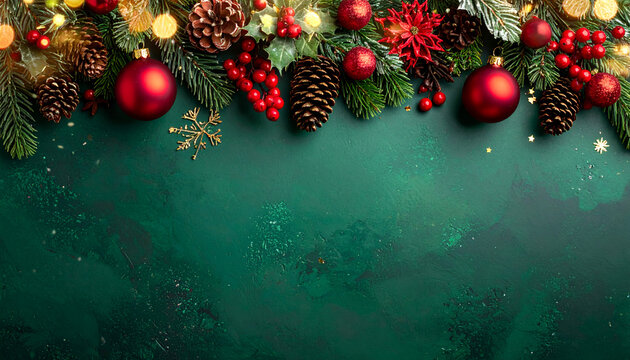 Festive Christmas border with ornaments and pinecones on rich green, perfect for holiday greetings, winter promotions, seasonal designs and cozy celebrations