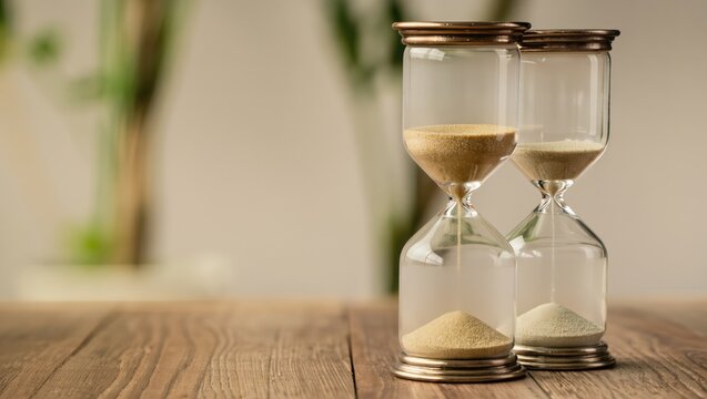 Two hourglasses with flowing sand sit on a wooden table.