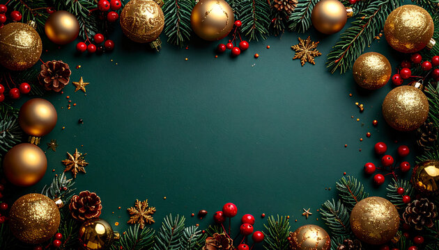 Festive holiday season background with golden ornaments, pine branches, and red berries for your Christmas greeting or New Year's celebration projects