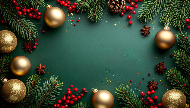 Elegant Christmas background with gold ornaments, berries, and pine branches, ready for festive greetings and seasonal promotions, conveying holiday cheer