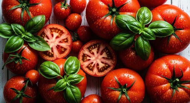 Fresh, juicy tomatoes and basil on a white wooden surface