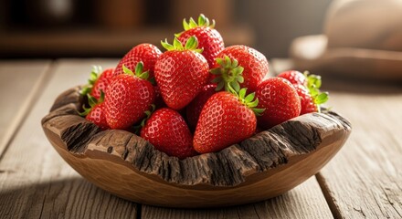 Fresh strawberries in a wooden bowl on a rustic table (2)