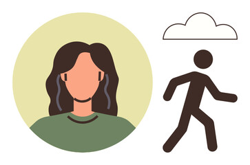 Womans face shedding tears and person moving under a raincloud symbolizing sadness and personal challenges. Ideal for mental well-being, grief, loneliness, heartbreak, support, emotions, self-care