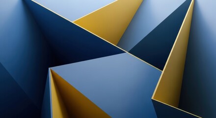 Geometric abstract design featuring intersecting navy blue and gold shapes