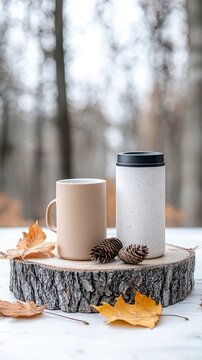 A still life composition featuring two mugs, pinecones, and fallen autumn leaves arranged on a rustic wooden slice.