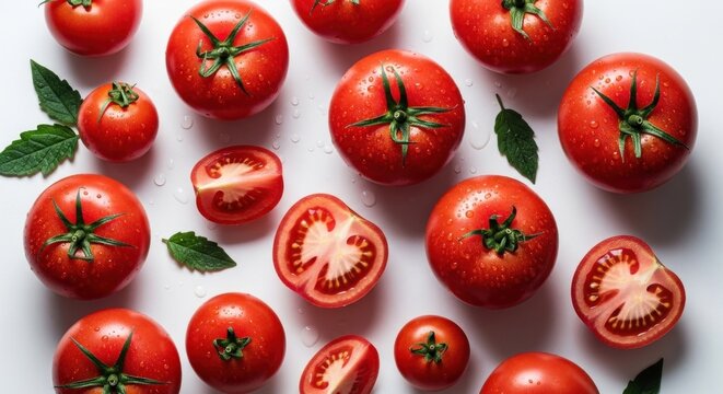 Fresh, whole and sliced tomatoes on white background