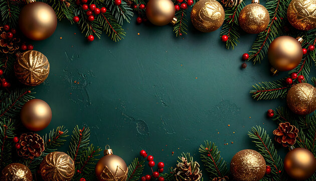 Festive Christmas ornaments and evergreen branches create a joyful holiday atmosphere, perfect for seasonal greetings and designs with space for text
