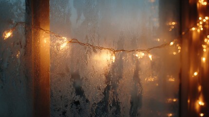 Obraz premium Frosted glass window, warm indoor Christmas lights, dreamy winter glow, elegant soft mood, center space for greeting