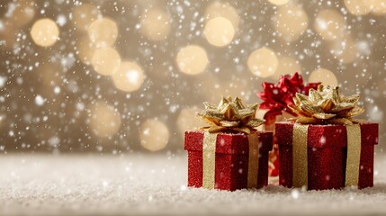 Gift boxes red and gold, soft snow glitter, premium festive scene, open upper area for greeting text