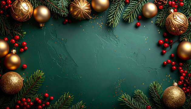 Festive holiday spirit with golden ornaments, evergreen branches, and red berries creating a warm and inviting Christmas season atmosphere for your designs