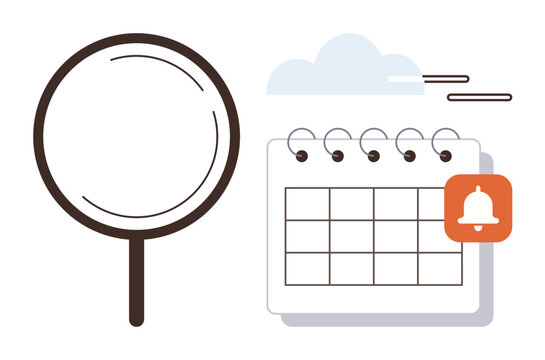 Magnifying glass beside a calendar with a notification bell. Ideal for scheduling, planning, reminders, organization, search, time management, productivity. Simple flat metaphor