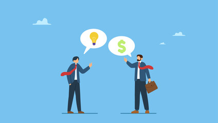 Young entrepreneur pitching idea to raise venture capital fund. Venture capital, project pitching for funding or VC investment, selling idea for money or angel investment for startup project.