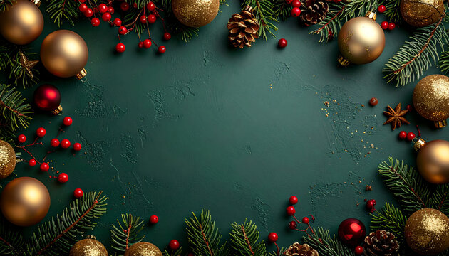 Festive Christmas holiday background featuring golden ornaments, pine branches and red berries, providing elegant design space for seasonal greetings, inviting warmth