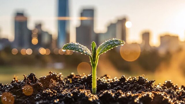 Close-up of a small green plant sprouting from rich soil