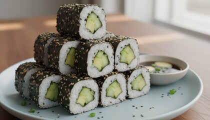 A pyramid stack of freshly prepared maki sushi rolls filled with cucumber and avocado, sprinkled with sesame seeds, served on a light blue plate with a side of soy sauce.